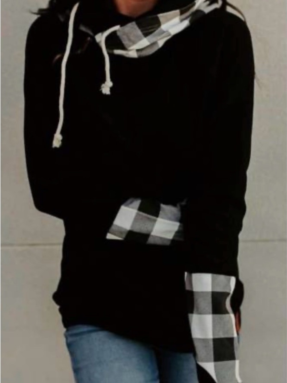 AMPERSAND AVE Black Double Hoodie with Black-and-White Plaid Thumbhole Cuffs M
